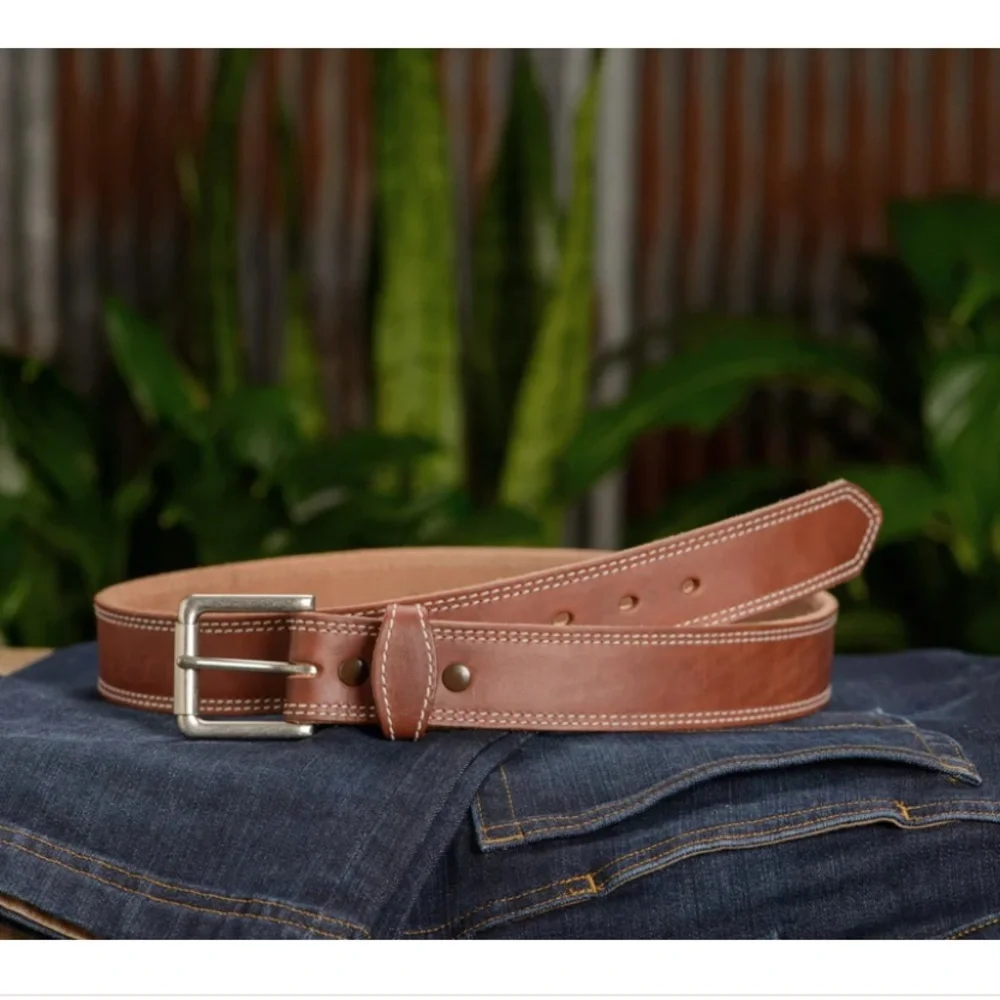 Bull Hide Belt The Maverick Hot Dipped Tan Double Stitched 1.50" Size 46 - Picture 3 of 9